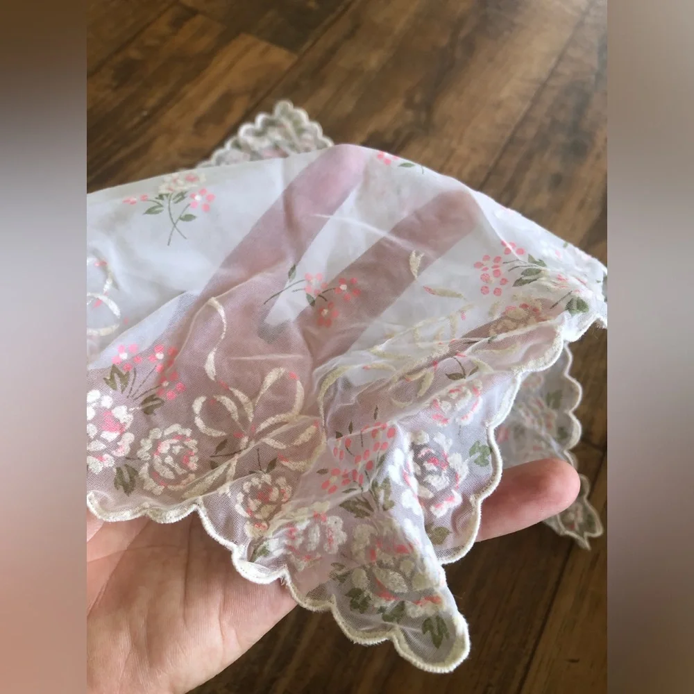 Vintage Flocked Sheer Floral Handkerchief Pink Yellow Green Scalloped 13 x 13”